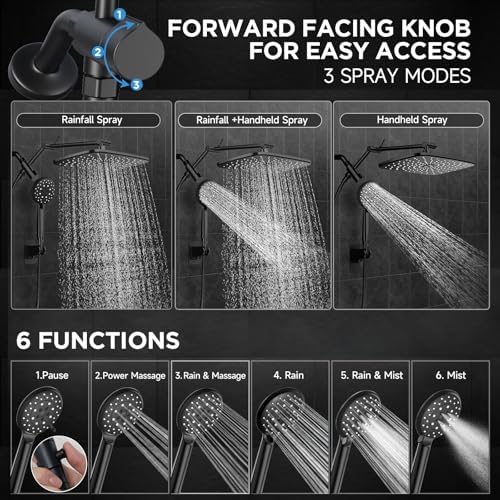 Veken Wide Rain Shower Head with Multi-Modes Handheld Water Spray, High Pressure Showerhead Combo with Arm, Adjustable Dual Shower with Anti-Clog Nozzles, Matte Black