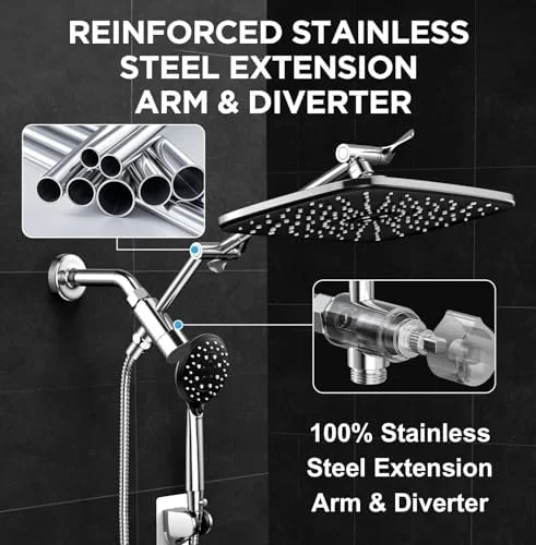 Veken Wide Rain Shower Head with Multi-Modes Handheld Water Spray, High Pressure Showerhead Combo with Arm, Adjustable Dual Shower with Anti-Clog Nozzles, Matte Black