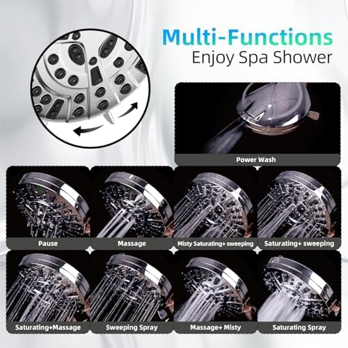 Shower Head, 10 Functions High Pressure Shower Head with Handheld, Built-in Pause Mode & Power Wash, Non-Clogging Nozzles High Flow Hand Held Shower Head, Leakproof 6ft Hose & Adjustable Bracket