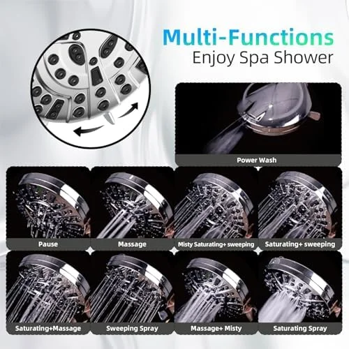 Shower Head, 10 Functions High Pressure Shower Head with Handheld, Built-in Pause Mode & Power Wash, Non-Clogging Nozzles High Flow Hand Held Shower Head, Leakproof 6ft Hose & Adjustable Bracket