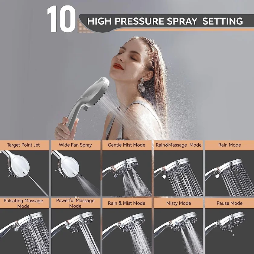 Filtered Shower Head, 15 Stage Handheld Shower Head Filter for Hard Water, 10 Modes High Pressure Shower Head with 60