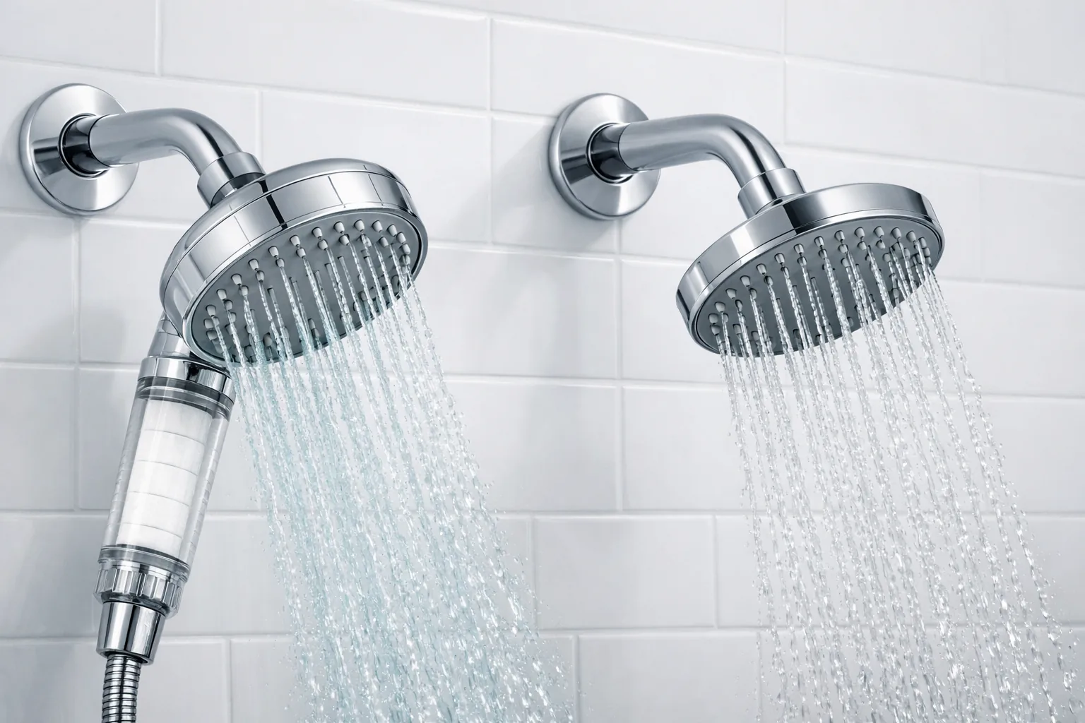 Filtered vs regular shower head comparison showing filter cartridge internals and water quality difference