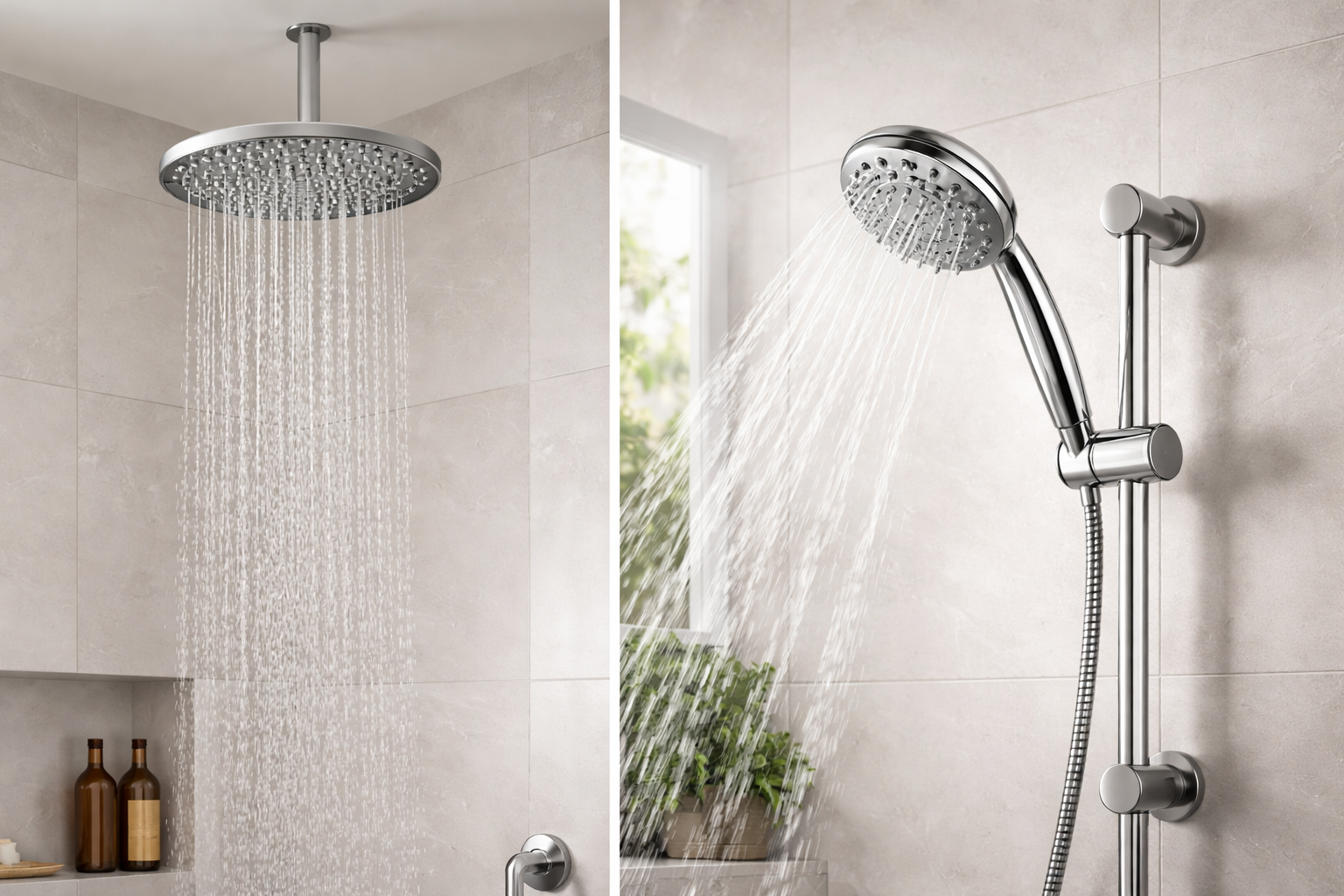 Side-by-side comparison of a handheld shower head and a fixed mounted shower head in a modern bathroom