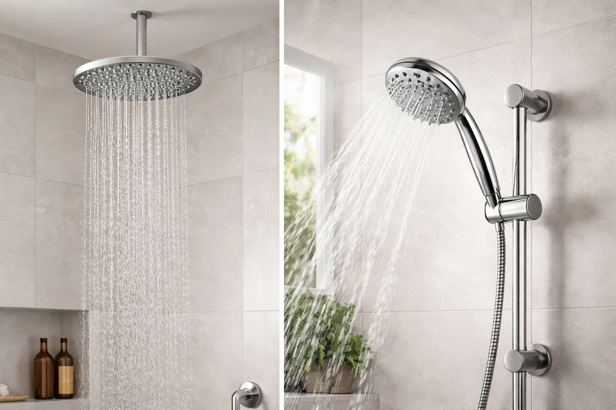 Side-by-side comparison of a handheld shower head and a fixed mounted shower head in a modern bathroom